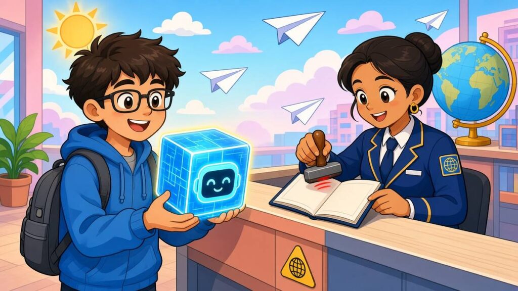 Cartoon engineer handing a glowing AI cube to a smiling customs clerk