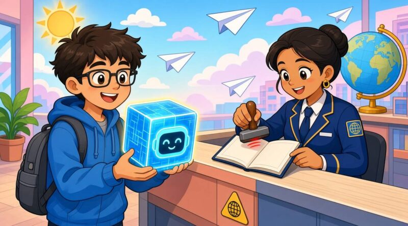 Cartoon engineer handing a glowing AI cube to a smiling customs clerk