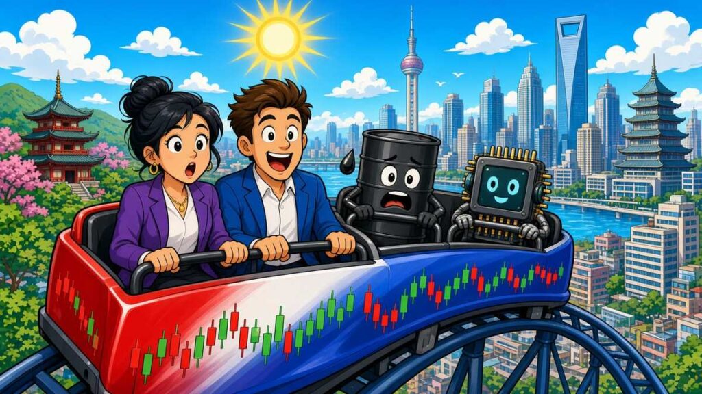 Cartoon traders on a stock-chart roller coaster with an oil barrel and a chip robot