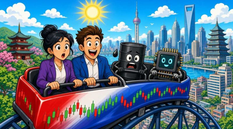 Cartoon traders on a stock-chart roller coaster with an oil barrel and a chip robot