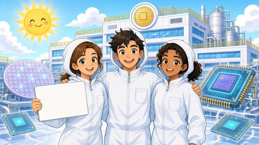 Cartoon chip workers in clean-room suits smiling in front of a factory