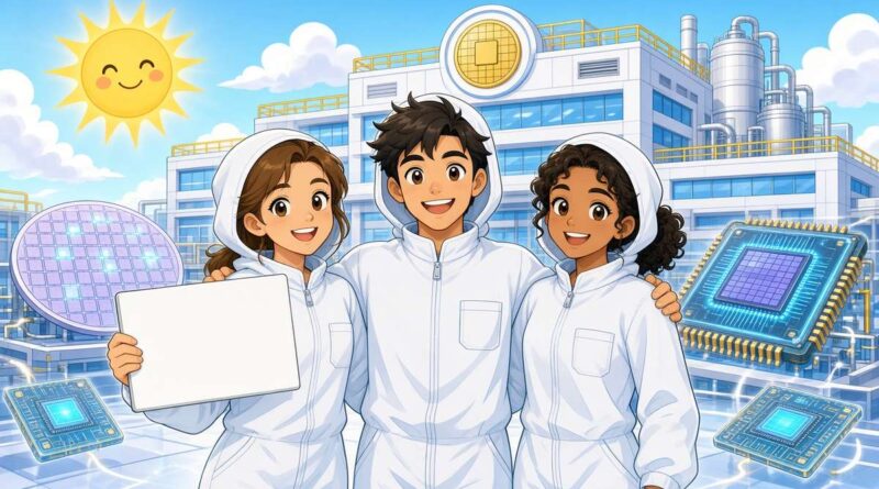 Cartoon chip workers in clean-room suits smiling in front of a factory