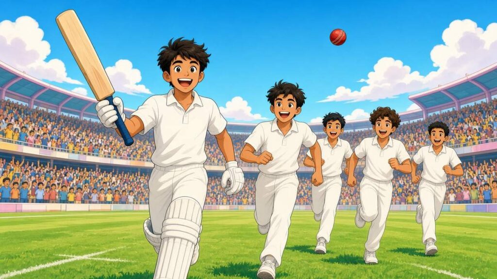 Cartoon cricket team celebrating a last-ball win on a sunny field