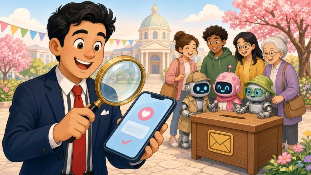 Cartoon referee with a magnifying glass checking a smartphone while friendly voters escort disguised robots from a ballot box