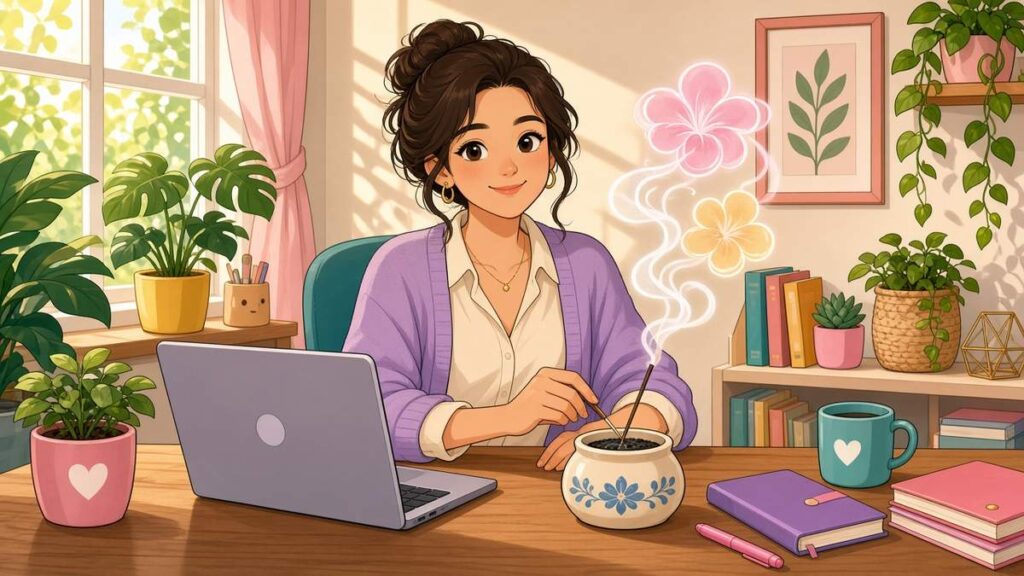 Cartoon young woman crafting incense at her desk with flower-shaped smoke