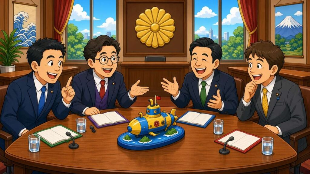 Cartoon Japanese lawmakers smiling and arguing good-naturedly around a table with a toy submarine model, facing the viewer