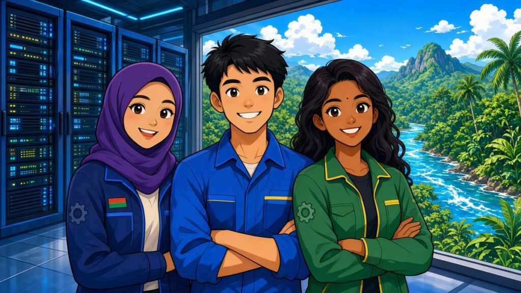 Cartoon Malaysian engineers smiling at the viewer in front of glowing data centre racks beside a tropical river and green hills