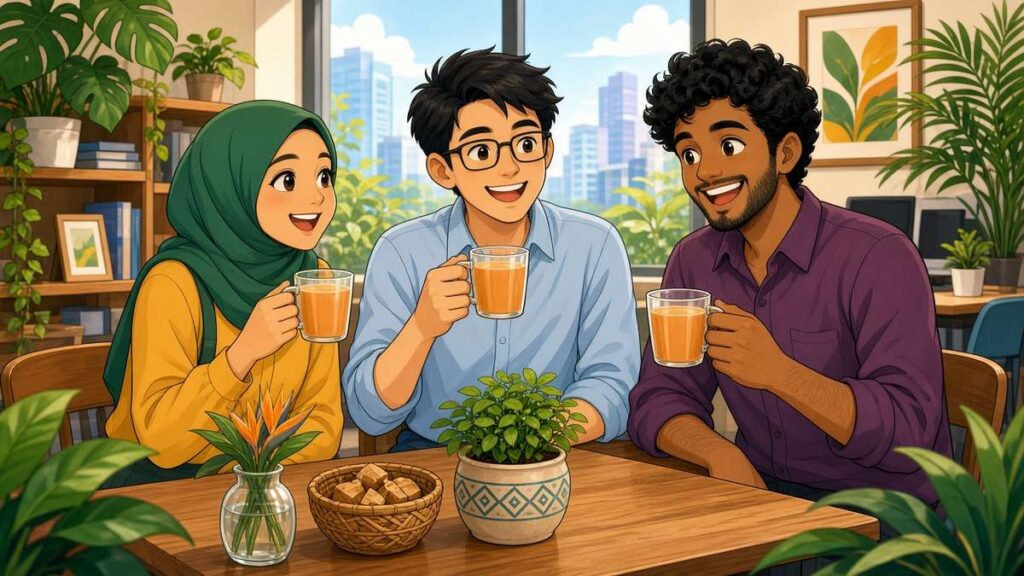 Friendly cartoon Malaysian office workers of Malay, Chinese and Indian heritage smiling at the viewer during a relaxed tea break in a bright office