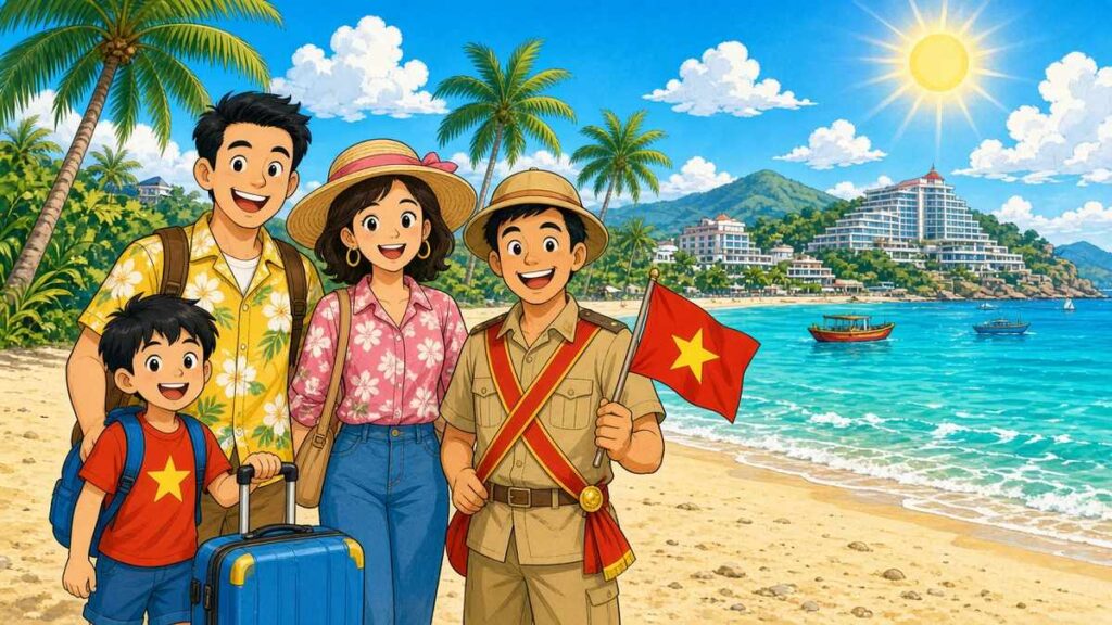 Smiling cartoon Chinese tourist family with a friendly Vietnamese tour guide on a sunny Nha Trang beach, all facing the viewer