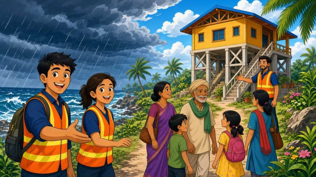 Cartoon rescue volunteers in orange vests smiling and guiding villagers to a bright cyclone shelter