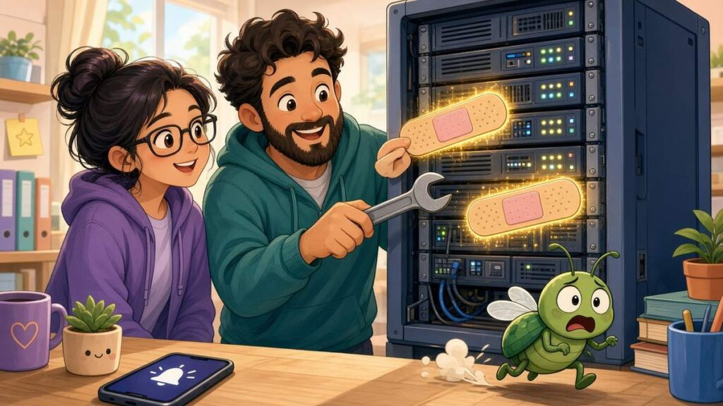 Cartoon IT engineers patching a glowing server rack while a little bug runs away