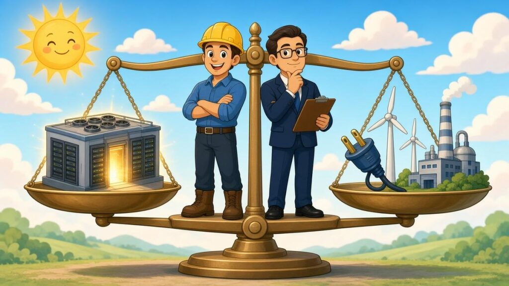 Cartoon engineer and official standing on a balance scale between a data center and power sources