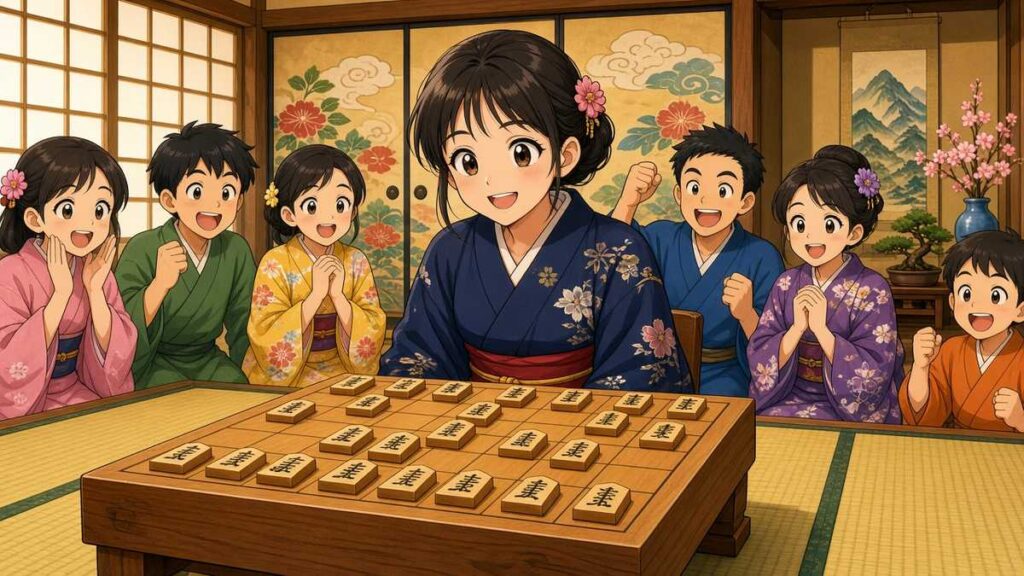 Cheerful cartoon Japanese woman shogi player smiling at the viewer across a wooden shogi board, with a crowd of happy East Asian fans behind her
