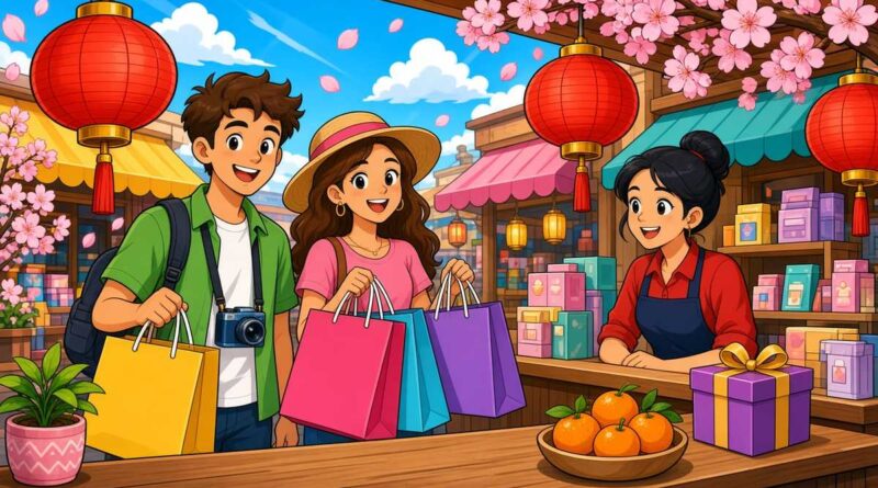 Cartoon tourist couple with shopping bags at a friendly shop counter