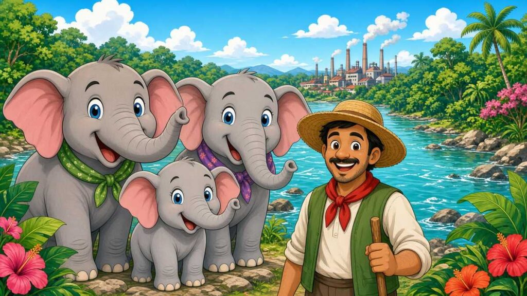 Cartoon elephant family and a smiling village farmer beside a green forest river, with distant factory roofs
