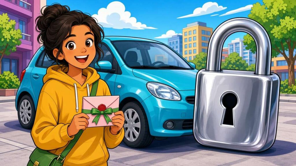 Cartoon car-sharing customer holding a small gift envelope next to a compact car and a giant padlock