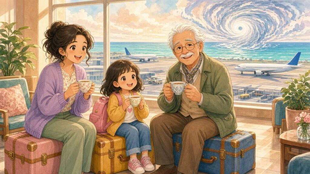 Cartoon family of travellers drinking tea on suitcases at an airport while a typhoon swirls far out at sea