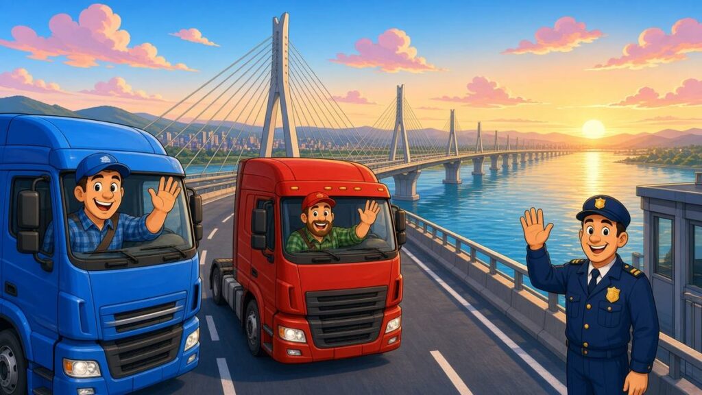 Cartoon truck drivers and a smiling customs officer waving on a long new river bridge at sunrise