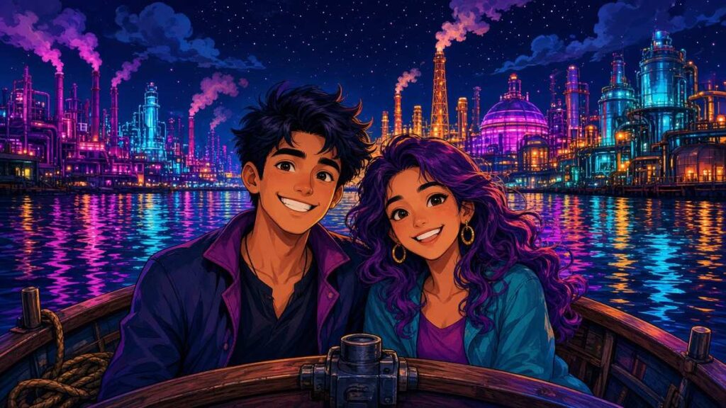 Cartoon couple smiling on a small boat at night in front of a glowing, colourful industrial skyline
